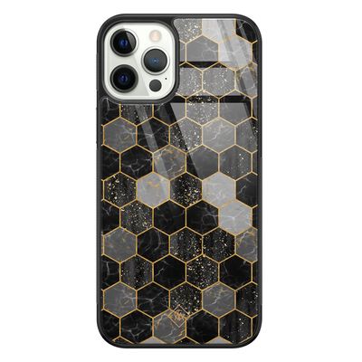 iPhone 12 Pro glazen hardcase - Hexagons zwart