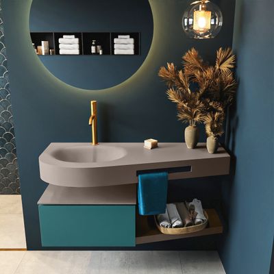 MONDIAZ RIVA 120cm badmeubel onderkast / planchet kleur Smag met 1 lade. Wastafel DULCET links 1 kraangat kleur Smoke.