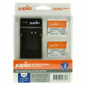 Jupio Kit met 2x Battery Li-90B/Li-92B 1270mAh + USB Single Charger
