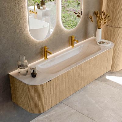 Badmeubel Mondiaz Kurve-Dlux | 170 cm | Meubelkleur Oak | Wastafelkleur Meli | Solid surface | Wasbak midden spoelbak | 2 kraangaten