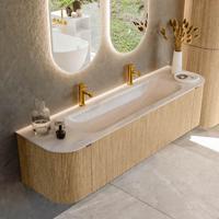Badmeubel Mondiaz Kurve-Dlux | 170 cm | Meubelkleur Oak | Wastafelkleur Meli | Solid surface | Wasbak midden spoelbak | 2 kraangaten