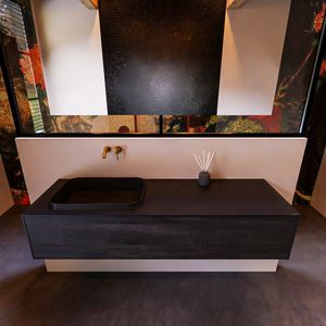 Badkamermeubelset Mondiaz Erin 150 cm met 1 Lade met RIDGE Wastafel Links Urban Zonder Kraangaten Greeploos Mat Dark Brown