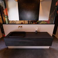 Badkamermeubelset Mondiaz Erin 150 cm met 1 Lade met RIDGE Wastafel Links Urban Zonder Kraangaten Greeploos Mat Dark Brown