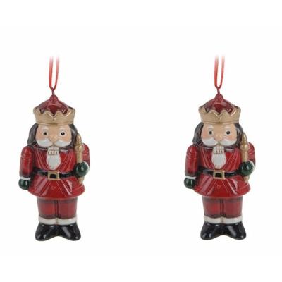 Kersthanger notenkraker - 2x - rood - 8 cm - keramiek - kerstornament - kerstboomversiering