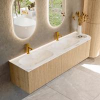 Badmeubel Mondiaz Kurve-Dlux | 175 cm | Meubelkleur Oak | Wastafelkleur Frappe | Solid surface | Dubbele spoelbak | 2 kraangaten