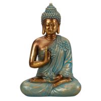 Boeddha beeld Shaman - binnen/buiten - kunststeen - goud/jade - 21 x 31 cm   - - thumbnail