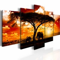 Schilderij - Zwerm vogels over de savanne, Afrika, 5luik ,Wanddecoratie , Multikleur , 2 maten