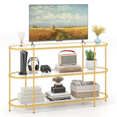 Consoletafel met 3 Niveaus TV-Standaard voor TV's tot 65 Inch TV-Console met Gehard Glazen Planken Goud