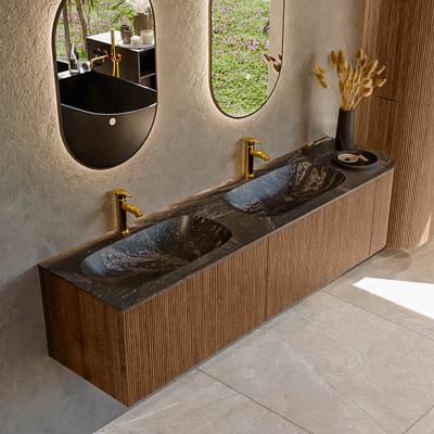 Mondiaz KURVE-DLUX 175 cm Onderkast Greeploos 2 Lades Met Deuren Walnut, Wastafel Solid Surface Links Lava 2 Kraangaten Zonder Spiegel (KRVSTS175R2L1D2KD-Wal/Lav)