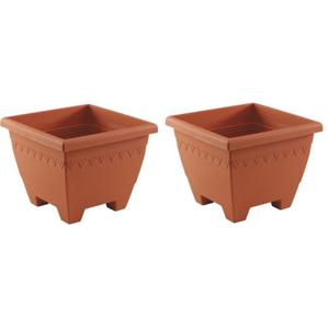 Plantenbak/bloempot Lima - 2x - terracotta kleur - vierkant - kunststof - 35x35x28 cm - planten pot