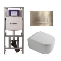 QeramiQ Dely Swirl Toiletset - 36.3x51.7cm - Geberit UP320 Burda inbouwreservoir - 35mm zitting - geborsteld messing bedieningsplaat - rechthoekige knoppen - wit glans 0701131/SW706201/SW1000767/SW1026256