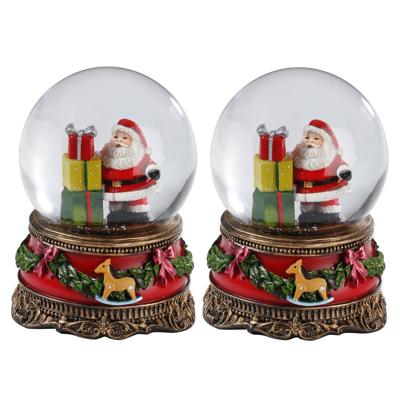 Sneeuwbol/snowglobe - 2x - kerstman met cadeaus - 9 cm - glas/polyresin