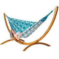 Familie hangmat met houten standaard - 400x180cm - BlauwGroen - 200kg draagkracht- 100% katoen - binnen & buiten Familie hangmat met houten standaard - 400x180cm - BlauwGroen - 200kg draagkracht- 100% katoen - binnen & buiten
