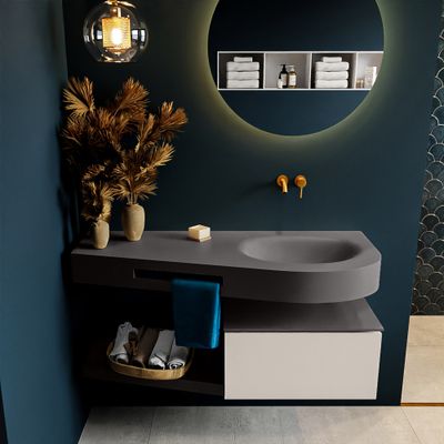 MONDIAZ RIVA 120cm badmeubel onderkast / planchet kleur Linen met 1 lade. Wastafel DULCET rechts 0 kraangaten kleur Dark_Grey. MONDIAZ RIVA 120cm badmeubel onderkast / planchet kleur Linen met 1 lade. Wastafel DULCET rechts 0 kraangaten kleur Dark_Grey.