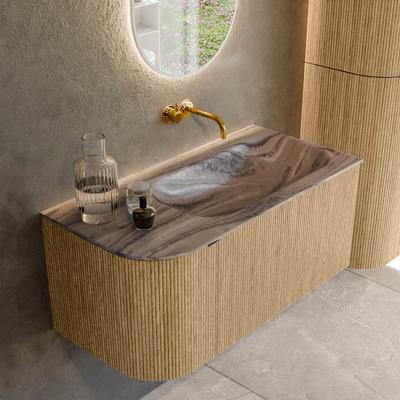 Badmeubel Mondiaz Kurve-Dlux | 95 cm | Meubelkleur Oak | Wastafelkleur Sombra | Solid surface | Wasbak rechter zijde spoelbak | Zonder kraangat(en)