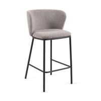 Kave Home Ciselia barkruk H65 bouclé Lichtgrijs poot zwart