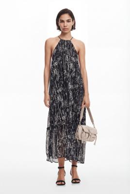 Halterjurk met bloemenillustraties - BLACK - XS Halterjurk met bloemenillustraties - BLACK - XS