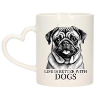 Cadeau mok voor honden liefhebbers - Mopshondje - wit - hartjes oor - keramiek - 300 ml
