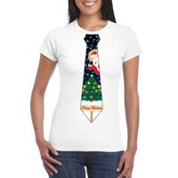 Fout kersttrui t-shirt - wit - met kerstboom stropdas - voor dames - thumbnail