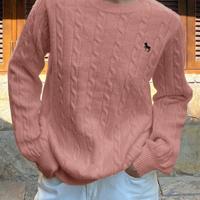 Bon&Bon Women's Navy Blue Polo Collar Cable-Knit Embroidered Sweater Pink / XL