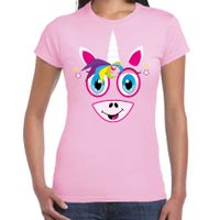 Dieren verkleed t-shirt dames - eenhoorn gezicht - carnavalskleding - lichtroze - thumbnail