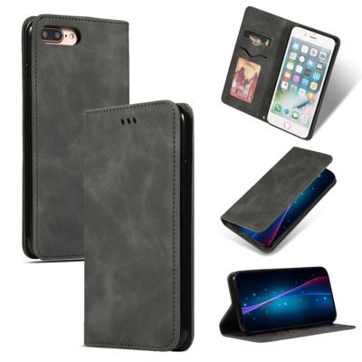 Retro huid feel Business magnetische horizontale Flip lederen case voor de iPhone 8 plus/7 Plus (donkergrijs)