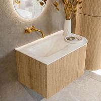 Mondiaz KURVE-DLUX 75 cm Onderkast Greeploos 1 Lade Met Deuren Oak, Wastafel Solid Surface Links Ostra 0 Kraangaten Zonder Spiegel (KRVGRU75R1L1D0KL-Oak/Ost)