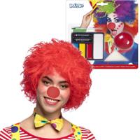 Carnaval verkleed set Clown Eddy - pruik rood - schminkset met rode neus