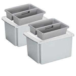 Sunware 2x opslagboxen kunststof 32 liter lichtgrijs 45 x 36 x 24 cm met deksel en organiser tray