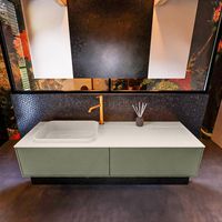 Badkamermeubelset Mondiaz Erin 150 cm met 2 Lades met RIDGE Wastafel Links Linen met 1 kraangat Greeploos Mat Army