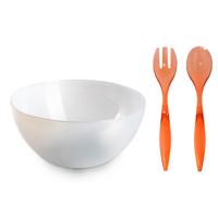 Salade/fruit diepe serveerschaal - transparant - kunststof - D28 cm - met sla couvert/bestek - rood