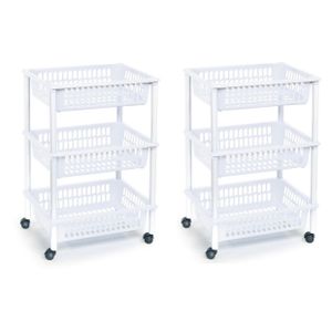 2x stuks opberg trolley/roltafel/organizer met 3 manden 40 x 30 x 61,5 cm wit/wit