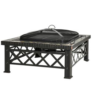 Outsunny 3-in-1 vuurschaal vuurkorf haard met vonkbescherming grillrooster tuin ijsemmer BBQ zwart 76 x 76 x 47 cm