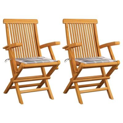 Tuinstoelen 2 st met grijs geruite kussens massief teakhout