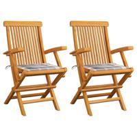 Tuinstoelen 2 st met grijs geruite kussens massief teakhout