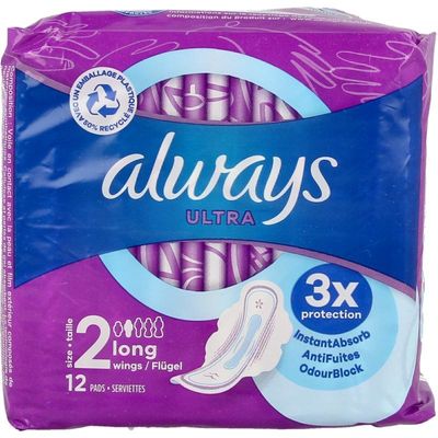 Always Maandverband ultra long (S2) vleugels (12 st)