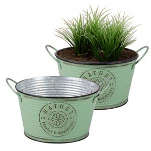 Plantenpot/bloempot teil voor buiten - 2x - zink - rond - jadegroen - D22 x H12 cm