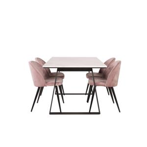 Estelle eethoek eetkamertafel marmer wit en 4 Velvet eetkamerstal velours roze, zwart.