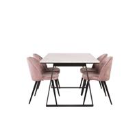 Estelle eethoek eetkamertafel marmer wit en 4 Velvet eetkamerstal velours roze, zwart. - thumbnail