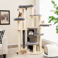 Multi-Level Houten Krabpaal met 3 Niveaus/2 Zitstokken/Krabpaal/Platform/Springbal/Ophangkoord/Meubilair voor Binnenkatten Grijs