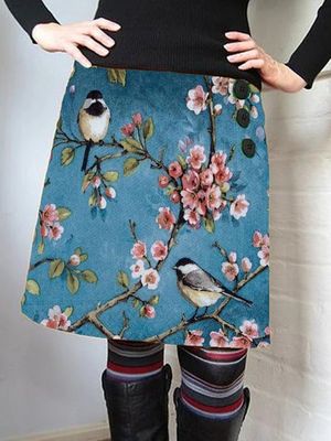 Blue Floral Bird Printed Vintage A-Line Skirt