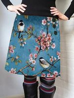 Blue Floral Bird Printed Vintage A-Line Skirt - thumbnail