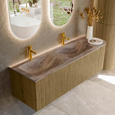 Badmeubel Mondiaz Kurve-Dlux | 145 cm | Meubelkleur Dusk | Wastafelkleur Oza | Solid surface | Dubbel / Links spoelbak | 2 kraangaten