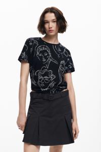 T-shirt met korte mouwen en gezichtenprint - BLACK - L