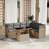 7-delige Loungeset met kussens poly rattan beige