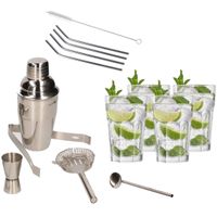 Cocktailshaker set RVS 5-delig inclusief 4x cocktailglazen 410 ml met 4x RVS rietjes - thumbnail