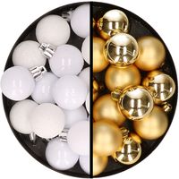 36x stuks kunststof kerstballen wit en goud 3 en 4 cm - thumbnail