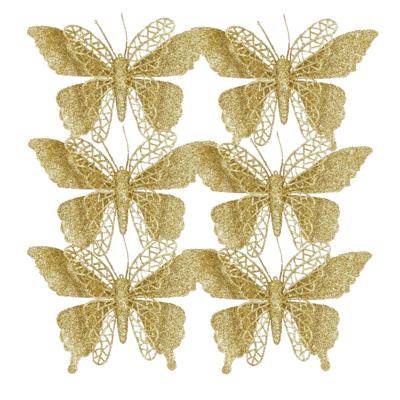 Kerstboomversiering Vlinder - 6x stuks - 16 cm - goud glitter - op clip