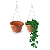 Plasticforte Plantenpot - 2x - hangend - kunststof - terracotta - D25 x H15cm - bloempot aan ketting Plasticforte Plantenpot - 2x - hangend - kunststof - terracotta - D25 x H15cm - bloempot aan ketting