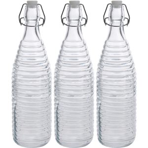 3x Glazen flessen transparant strepen met beugeldop 1000 ml